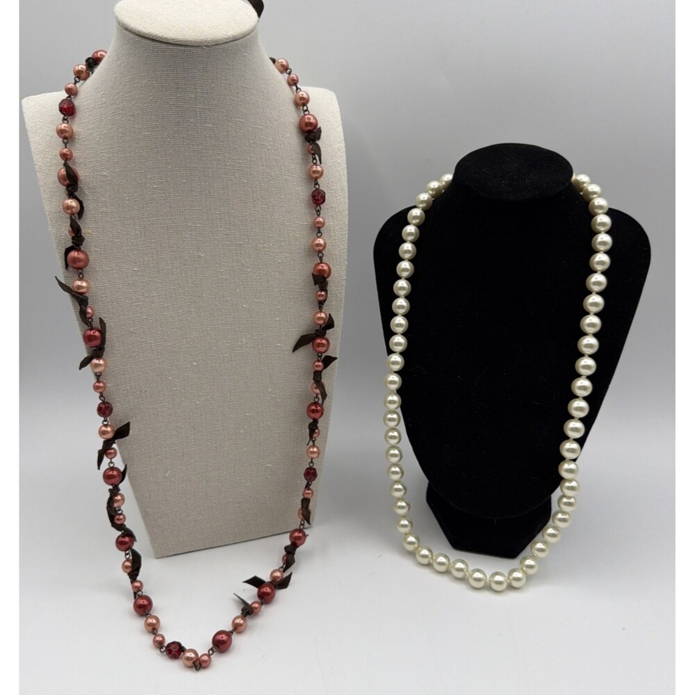 2pc Necklace Lot Cookie Lee Ribbon Bead Necklace + Cezanne Faux Pearl Strand